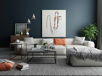 White Sofa And Black Coffee Table Set With Orange Pillows In Modern Living Room 3d model