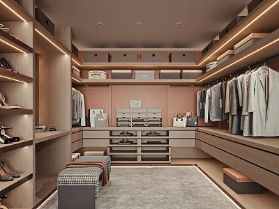 Sleek Walk in Closet Interior Design With Hanging Clothes Drawers Shoe Storage And Bench 3d model