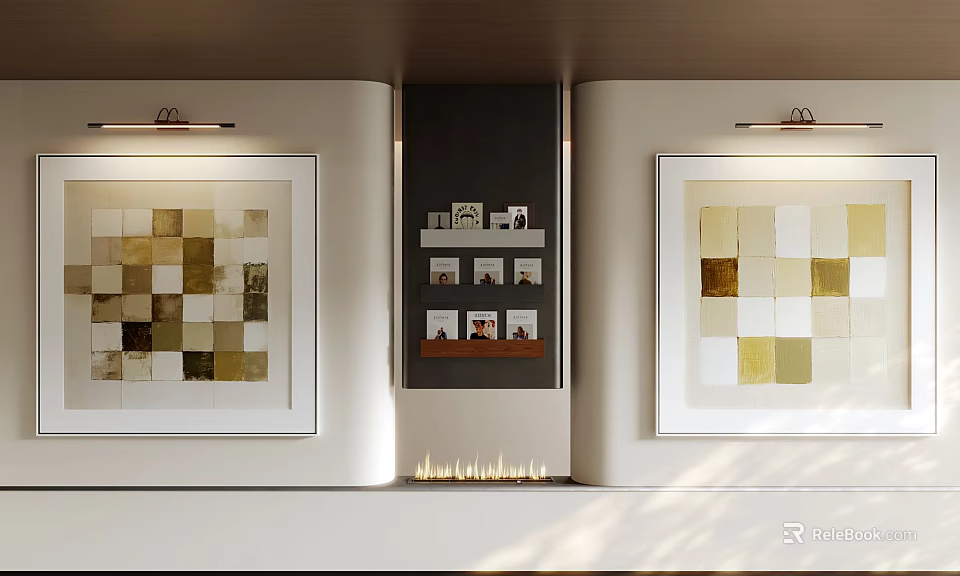 Abstract Grid Paintings in Gold Brown White Tones on Wall with Spotlights and Decor Shelving 3d model 