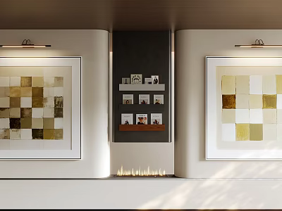 Abstract Grid Paintings in Gold Brown White Tones on Wall with Spotlights and Decor Shelving 3d model