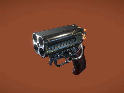 Vintage Multi Barrel Revolver With Golden Engravings On Black Body And Dark Grip 3d model