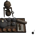 Traditional Tea Set With Teapot Teacups Wooden Tray Strainer Stand And Steaming Teacaddy