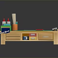 Kids Workbench With Green Mat Hammer Ruler And Craft Supplies On Wooden Surface