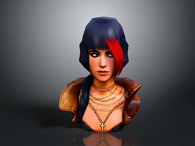 Game Movie Character With Blue Red Hair Black Eyes Layered Necklaces And Leather Jacket Collar 3d model