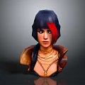 Game Movie Character With Blue Red Hair Black Eyes Layered Necklaces And Leather Jacket Collar