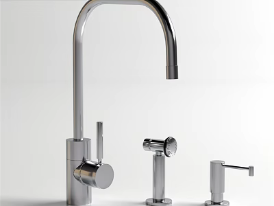 Modern Stainless Steel Faucet With Curved Spout And Control Handles 3d model