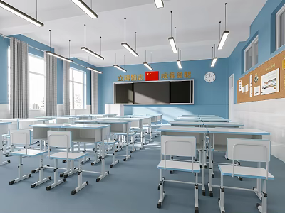 School Classroom Interior With Blue Walls Desks Chairs Blackboard National Flag And Clock 3d model