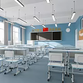 School Classroom Interior With Blue Walls Desks Chairs Blackboard National Flag And Clock