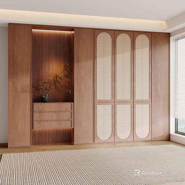 Walnut Wood Wine Cabinet With Lattice Doors And Potted Plant In Modern Interior Setting 3d model 