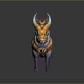 Mythical Egyptian Style Fantasy Beast With Purple Body Golden Armor Blue Glowing Horns And Saddle