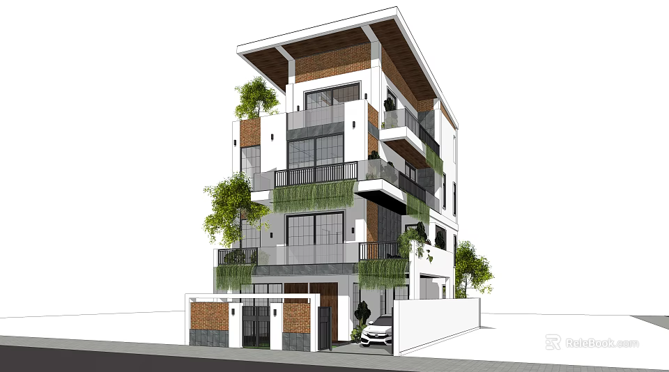 Modern Detached Villa Exterior With Glass Windows Balconies Green Plants And Car At Entrance 3d model 
