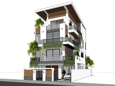 Modern Detached Villa Exterior With Glass Windows Balconies Green Plants And Car At Entrance 3d model