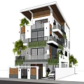 Modern Detached Villa Exterior With Glass Windows Balconies Green Plants And Car At Entrance