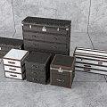 Vintage Trunks And Wooden Boxes In Various Styles Colors And Sizes On Gray Tiled Floor