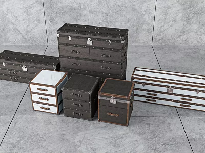 Vintage Trunks And Wooden Boxes In Various Styles Colors And Sizes On Gray Tiled Floor 3d model