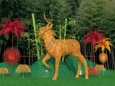 Check-in Photo Spot Featuring Large Woven Deer Sculpture Green Wavy Backdrop And Colorful Palm Leaves 3d model