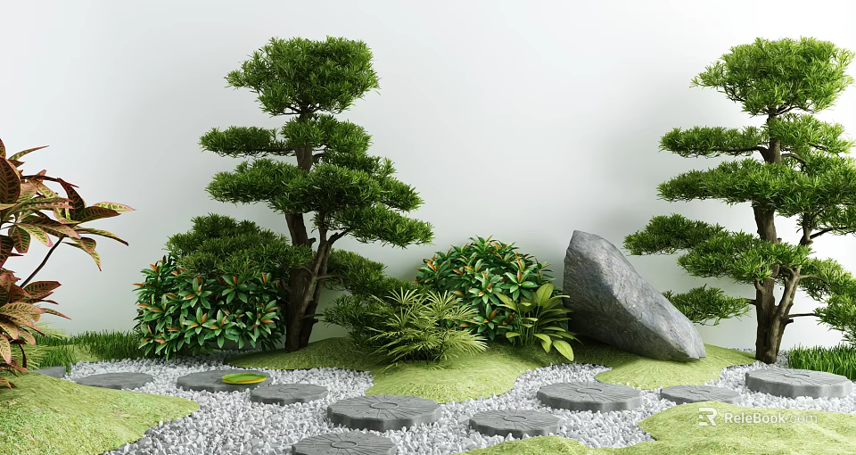 Japanese Garden Landscape With Stone Stepping Stones Large Rock And Green Plants 3d model 