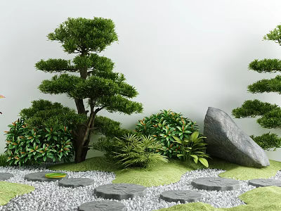 Japanese Garden Landscape With Stone Stepping Stones Large Rock And Green Plants 3d model