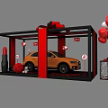 Orange Car Display Setup With Red Bow Balloons Gift Boxes And Teddy Bear 3d model
