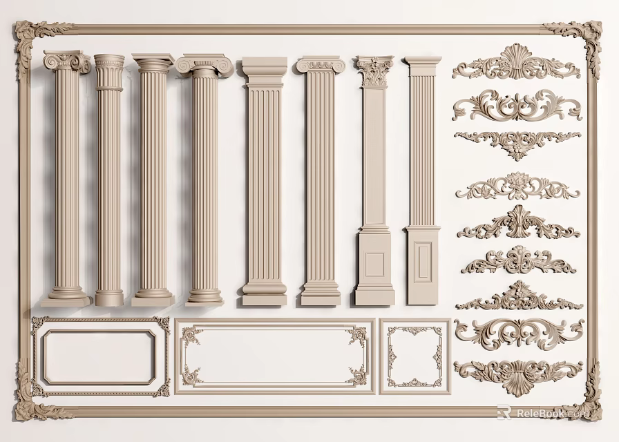 Collection Of Roman Columns With Various Styles And Decorative Elements 3d model