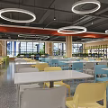 Modern Cafeteria Interior With Waste Sorting Area And Bright Lighting Tables Chairs 3d model