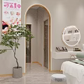 Modern Elegant Beauty Hair Salon Interior With Arched Doorways Green Sofas Pink Chairs Display Shelves