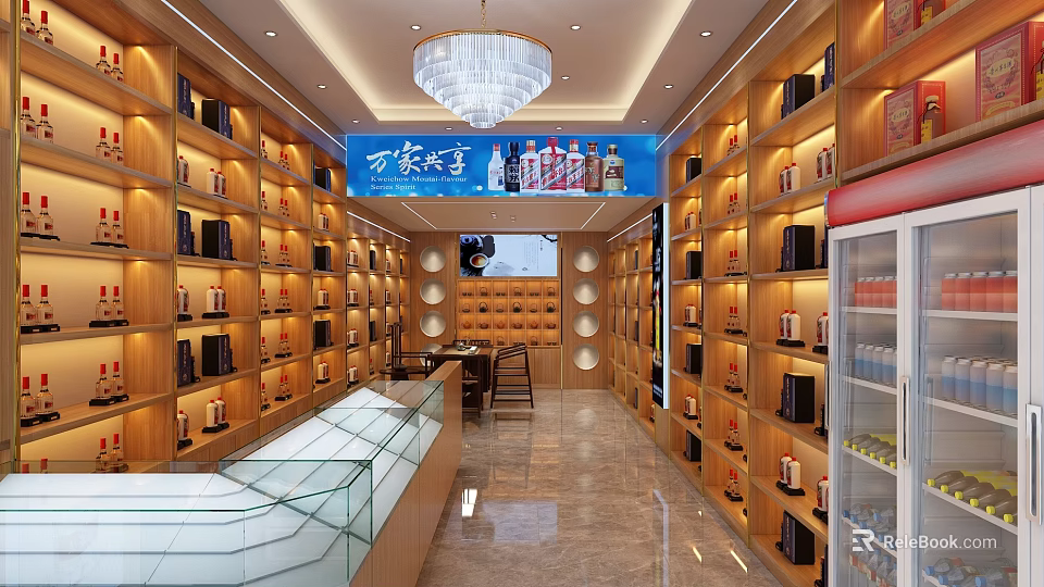 Modern Liquor Store Interior With Wooden Shelves Alcohol Displays And Chandelier Lighting 3d model 