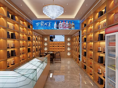 Modern Liquor Store Interior With Wooden Shelves Alcohol Displays And Chandelier Lighting 3d model