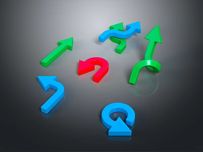 Colorful Arrows In Green Blue Red With Different Directions On Dark Background 3d model