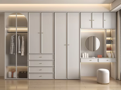 Modern White Wardrobe With Glass Door Section Cabinet Doors Drawers And Dressing Table Round Mirror 3d model