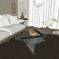 Modern Glass Coffee Table With Metal Base And Fruit Bowl In Living Room