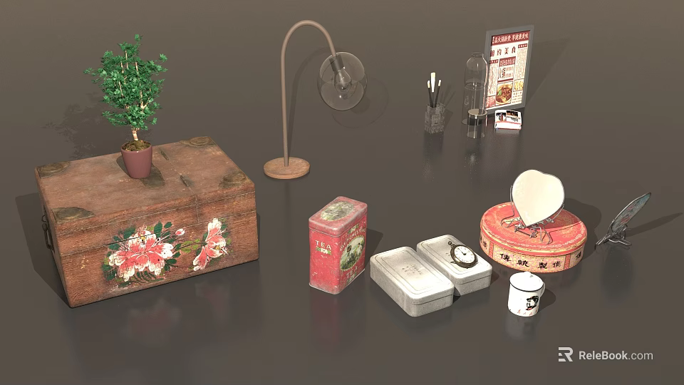Vintage Wooden Chest With Floral Patterns Potted Plant Floor Lamp And Metal Tins 3d model 