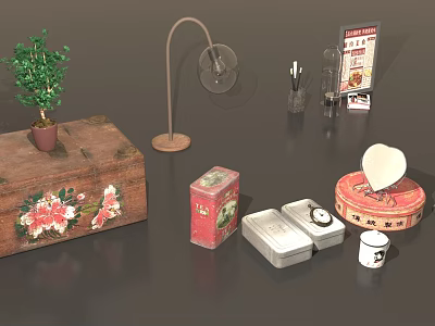 Vintage Wooden Chest With Floral Patterns Potted Plant Floor Lamp And Metal Tins 3d model