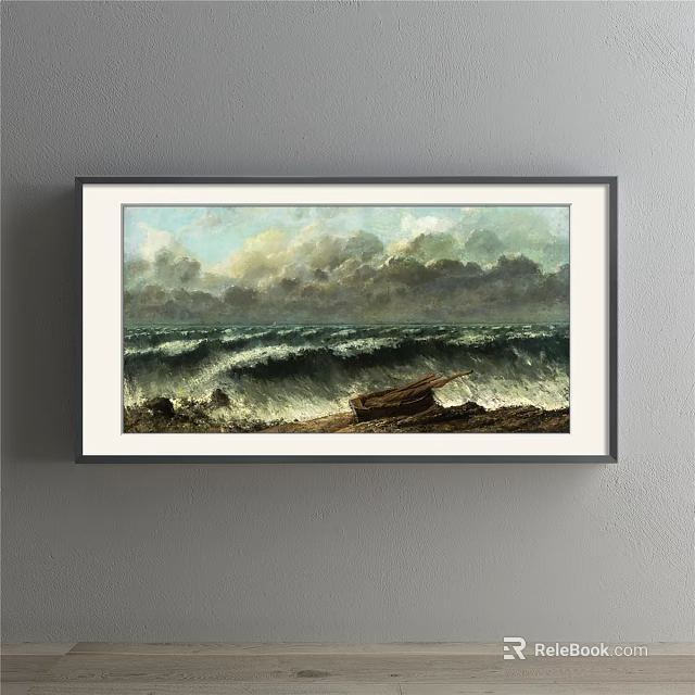 Seascape Landscape Painting With Rolling Ocean Waves Dark Stormy Clouds And Beach Driftwood 3d model 
