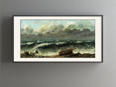 Seascape Landscape Painting With Rolling Ocean Waves Dark Stormy Clouds And Beach Driftwood 3d model