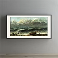 Seascape Landscape Painting With Rolling Ocean Waves Dark Stormy Clouds And Beach Driftwood