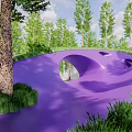 Park Landscape With Curved Green Roof Purple Mesh Structure And Seating Area