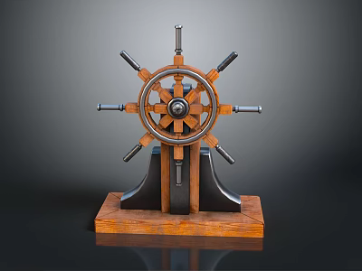 Vintage Ship's Wheel Decorative Ornament Set With Wooden Base And Metal Accents 3d model