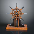 Vintage Ship's Wheel Decorative Ornament Set With Wooden Base And Metal Accents