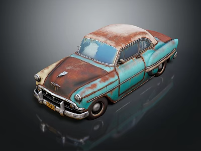 Vintage Rusty Teal Classic Car With Weathered Exterior And Brown Rust Spots 3d model