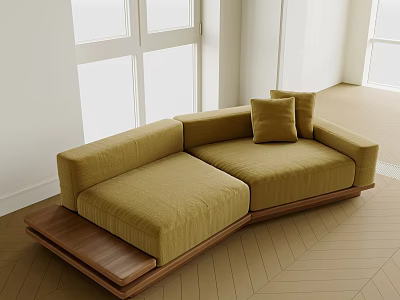 Yellow Velvet Irregular Shaped Sofa With Wooden Base Pillows In Bright Room With Herringbone Flooring 3d model