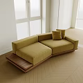 Yellow Velvet Irregular Shaped Sofa With Wooden Base Pillows In Bright Room With Herringbone Flooring