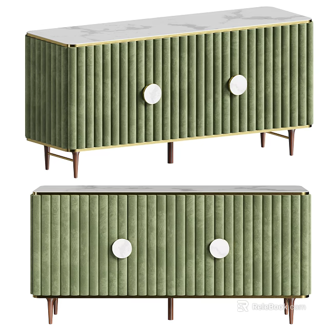 Modern Green Console Cabinet Sideboard With Vertical Stripes Round White Knobs And Brown Legs 3d model