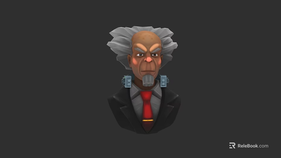 Stylized Elderly Male Game Character With Gray Hair Black Suit And Mechanical Neck Device 3d model 