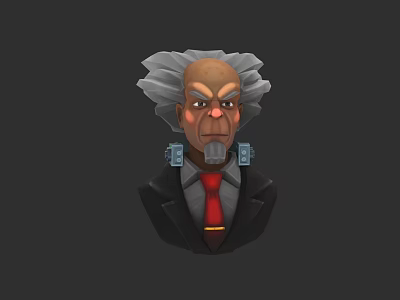 Stylized Elderly Male Game Character With Gray Hair Black Suit And Mechanical Neck Device 3d model