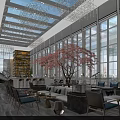 Spacious Modern Hotel Lobby With Large Windows Crystal Chandelier Red Maple Tree And Sofas Tables