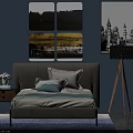 Background Double Bed with Gray Headboard Pillows Nightstand Vase and Blue Wall Decorative Paintings