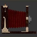 Vintage Computer With Brown Wooden Frame Red Folding Section And Metal Details