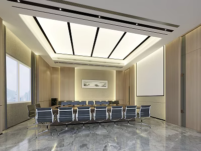 Modern Conference Room Interior with Meeting Table Chairs Projector Screen Stylish Ceiling and Marble Floor 3d model