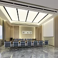 Modern Conference Room Interior with Meeting Table Chairs Projector Screen Stylish Ceiling and Marble Floor